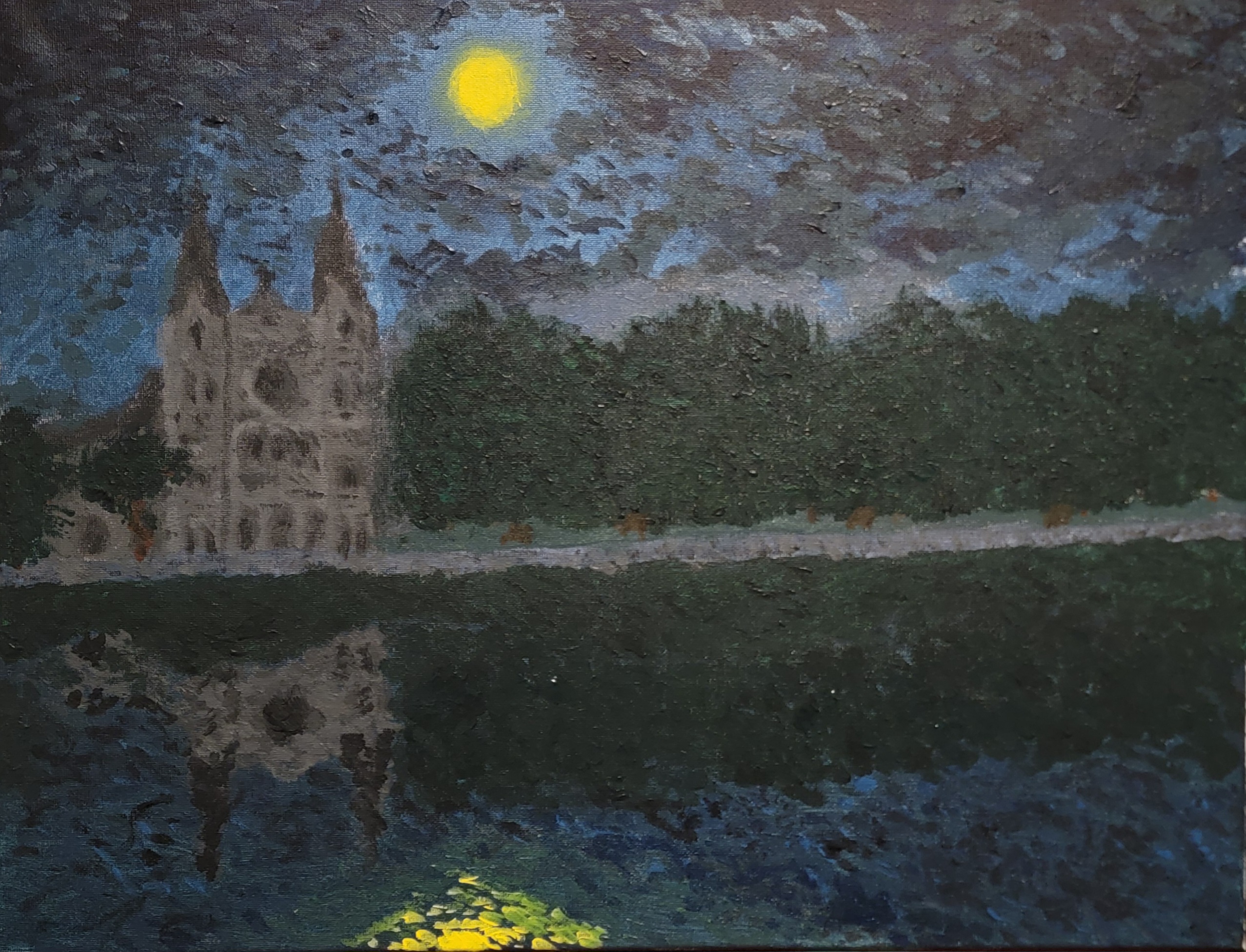 Painting of a Cathedral Along a River