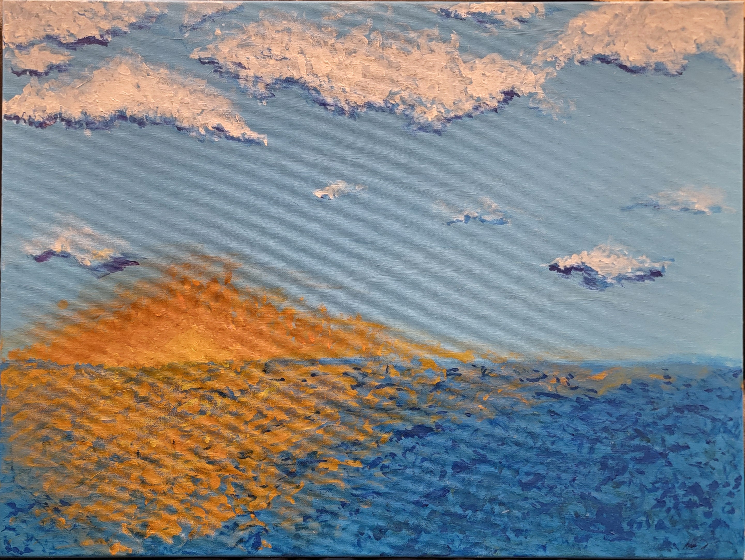 Painting of the sun setting over the ocean